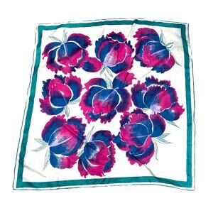 Vintage 1980s silk scarf mod bold pink blue green floral on sheer white square